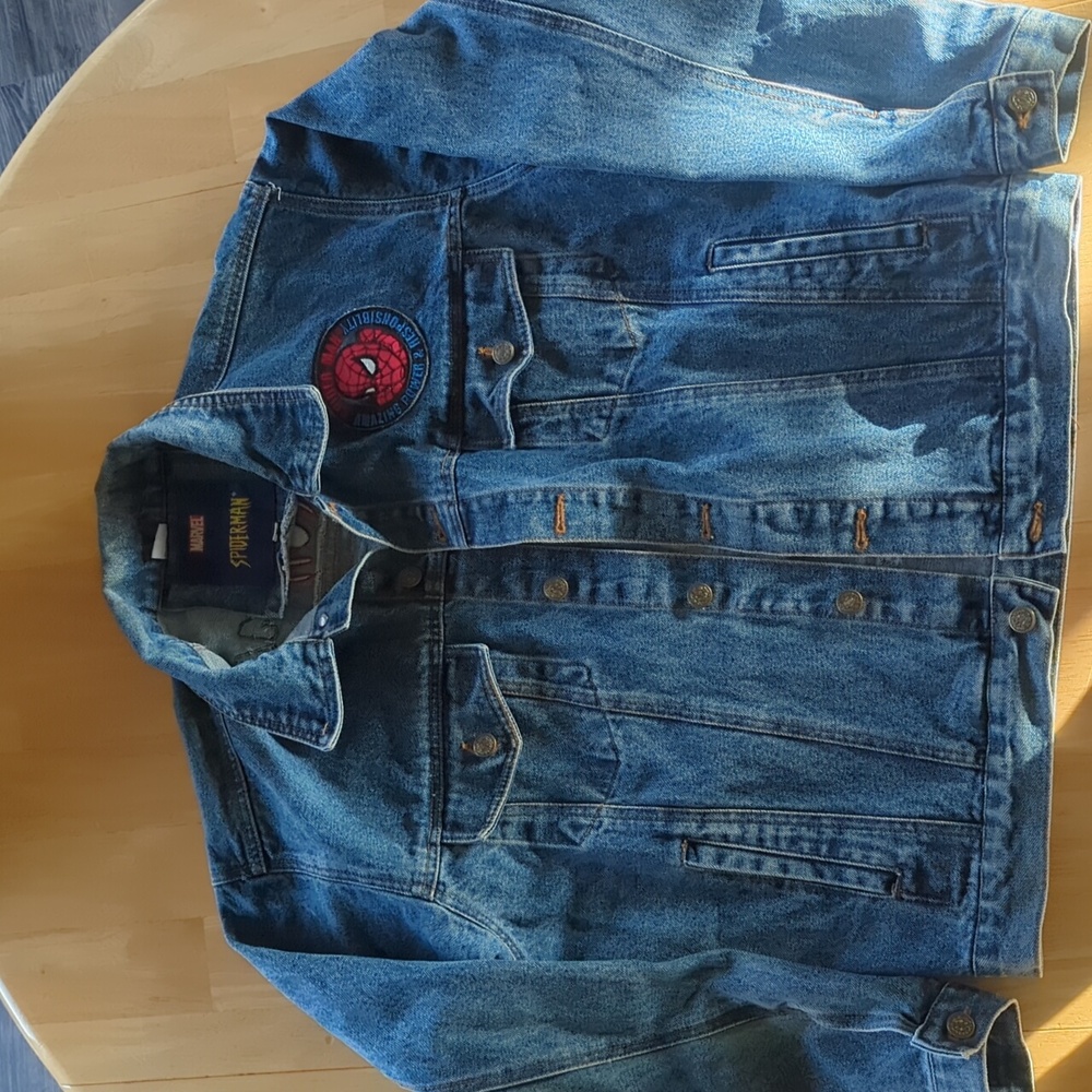 Vintage SPIDER-MAN Denim Jacket 2002 MARVEL w/ EMBROIDERED & LEATHER PATCH - Med